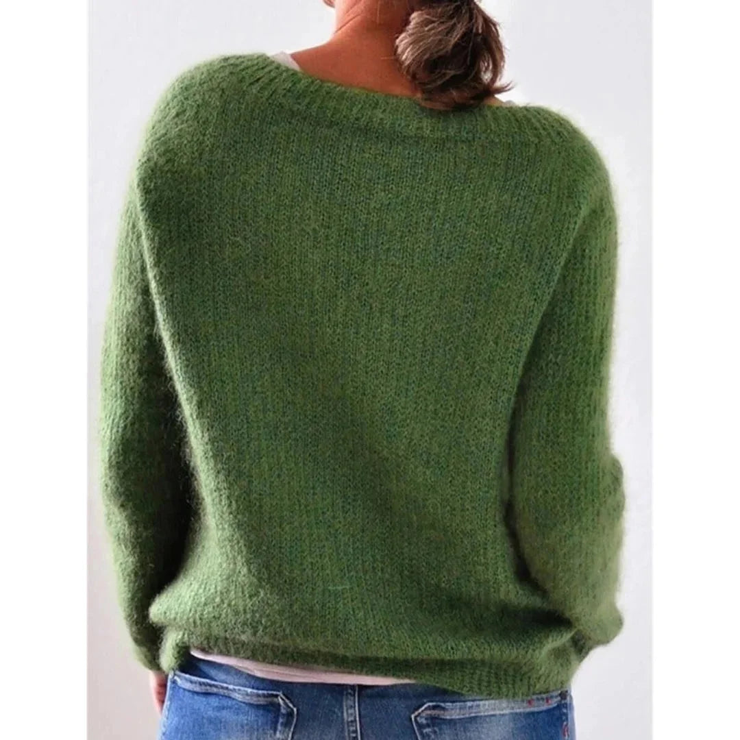 Damen Strickpullover in Grün, Rundhalsausschnitt, aus weicher Baumwollmischung, lässiger Schnitt und feine Strickstruktur.