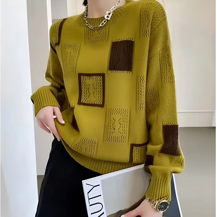 Damen Strickpullover aus weicher Baumwolle mit geometrischem Muster in neutralen Farben, ideal für den Alltag.