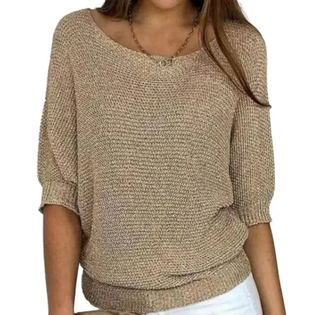 Brauner Damen Strickpullover mit halblangen Ärmeln, weichem Material und lässigem Schnitt für komfortable Trageeigenschaften.