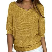 Damen Strickpullover in Gold, halblange Ärmel, weiches Material, lockere Passform, ideal für lässige Ausflüge.