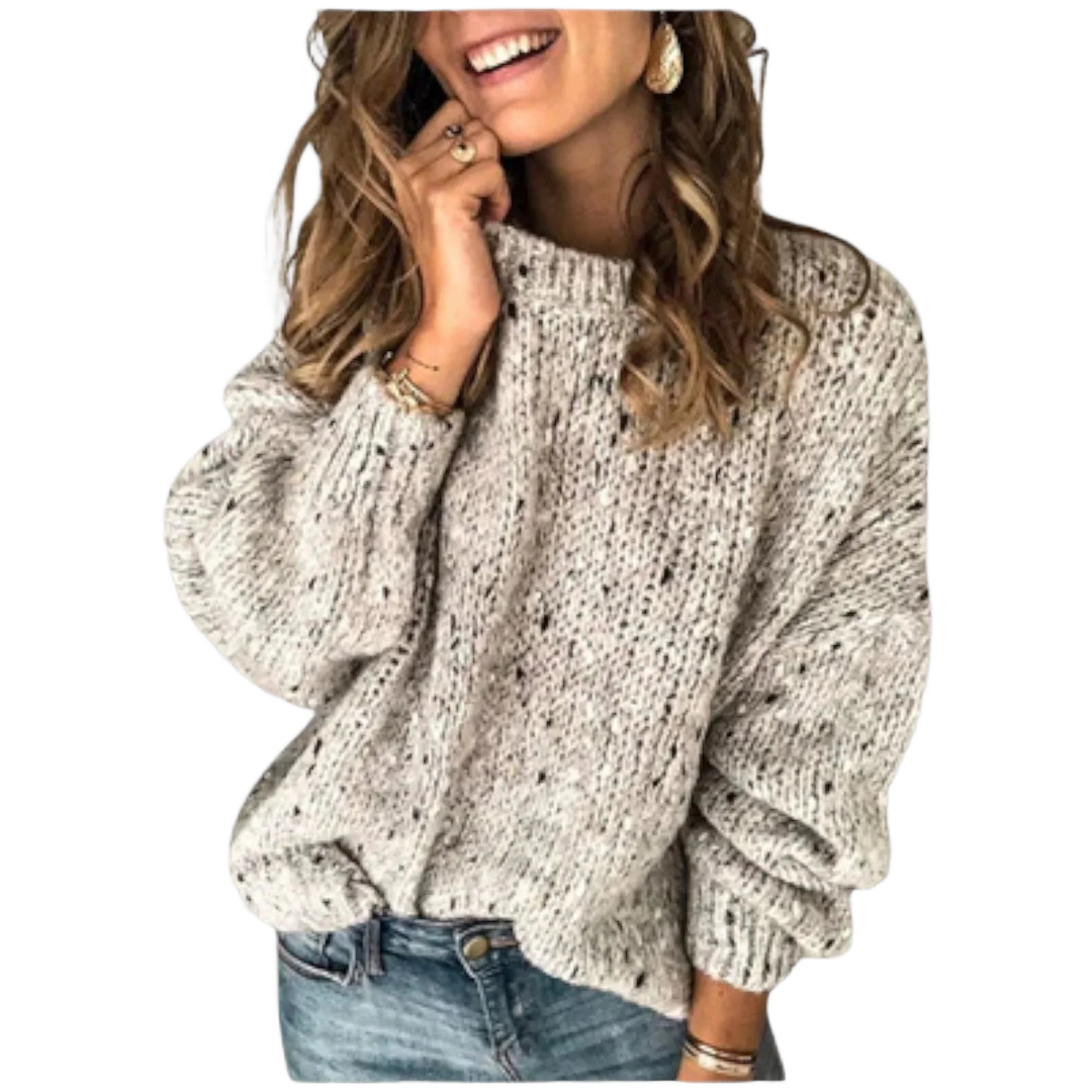 Beige Damen Strickpullover aus weichem Material mit lockerer Passform und Rundhalsausschnitt für lässige Alltagslooks.