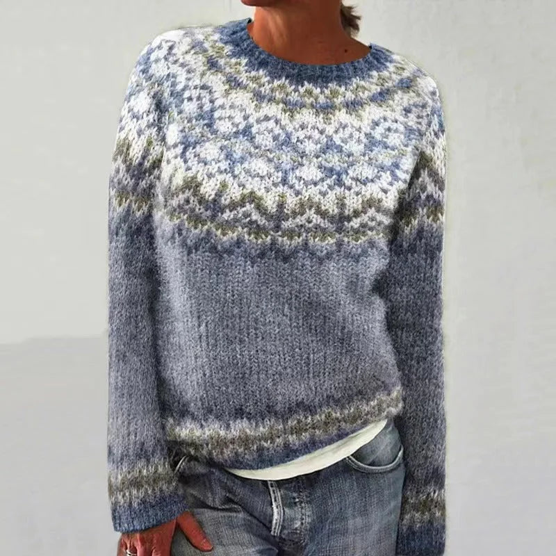 Damen Strickpullover mit Rundhalsausschnitt in weicher Wolle, Norwegermuster in Blau und Weiß, lässiger Komfort für den…