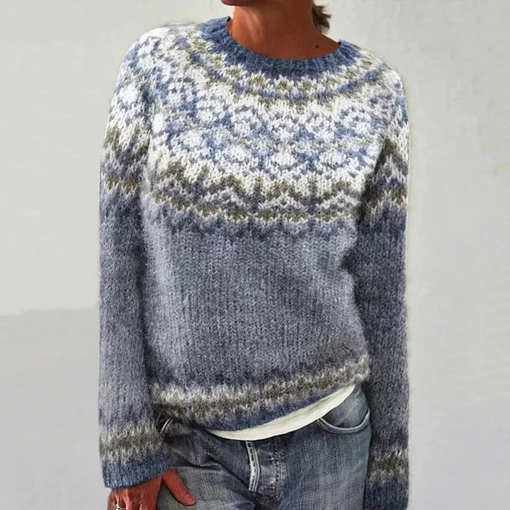 Damen Strickpullover mit Rundhalsausschnitt in weicher Wolle, Norwegermuster in Blau und Weiß, lässiger Komfort für den…