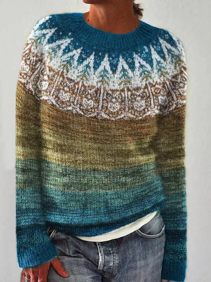 Damen Strickpullover mit Rundhalsausschnitt, Norwegermuster, aus weicher Wolle für angenehmen Tragekomfort und Wärme.