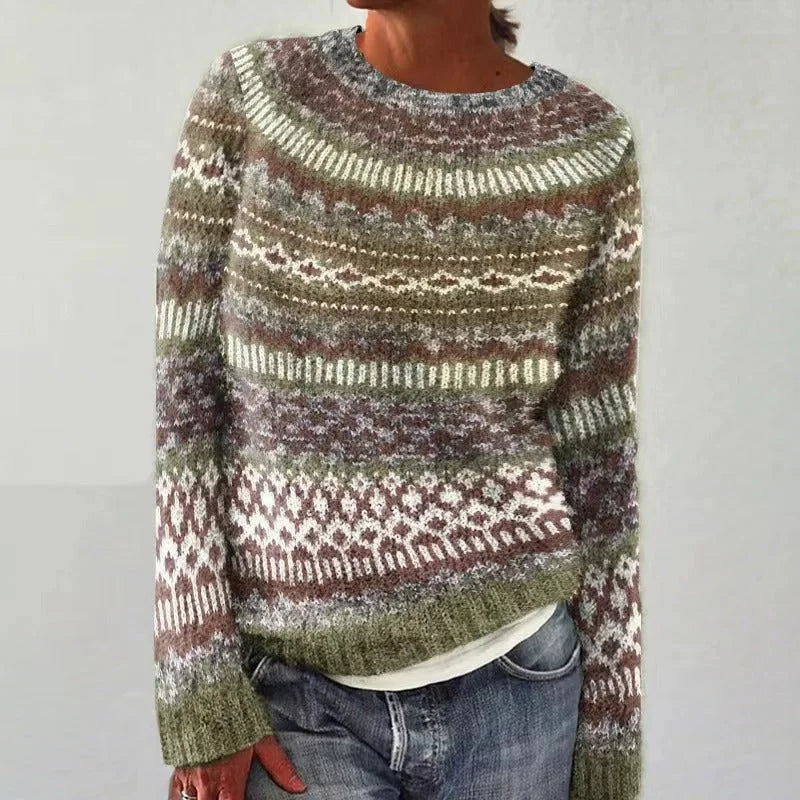 Damen Strickpullover in 8601 mit Rundhalsausschnitt, Norwegermuster aus weicher Wolle, bequem und warm für den Alltag.
