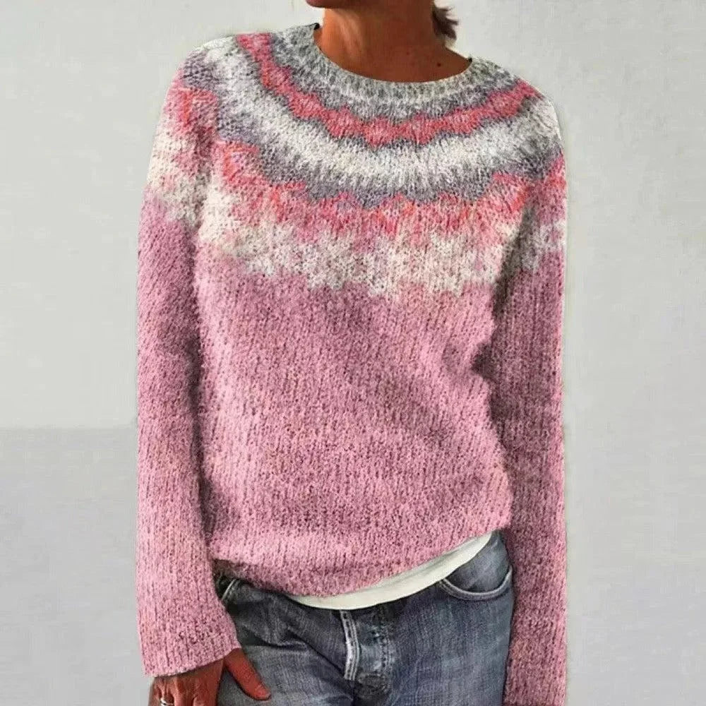 Damen Strickpullover 8607-Rosa aus weichem Material mit Rundhalsausschnitt und Norwegermuster für einen klassischen Look.