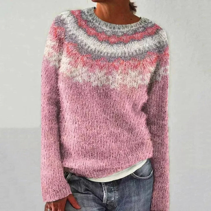 Damen Strickpullover 8607-Rosa aus weichem Material mit Rundhalsausschnitt und Norwegermuster für einen klassischen Look.