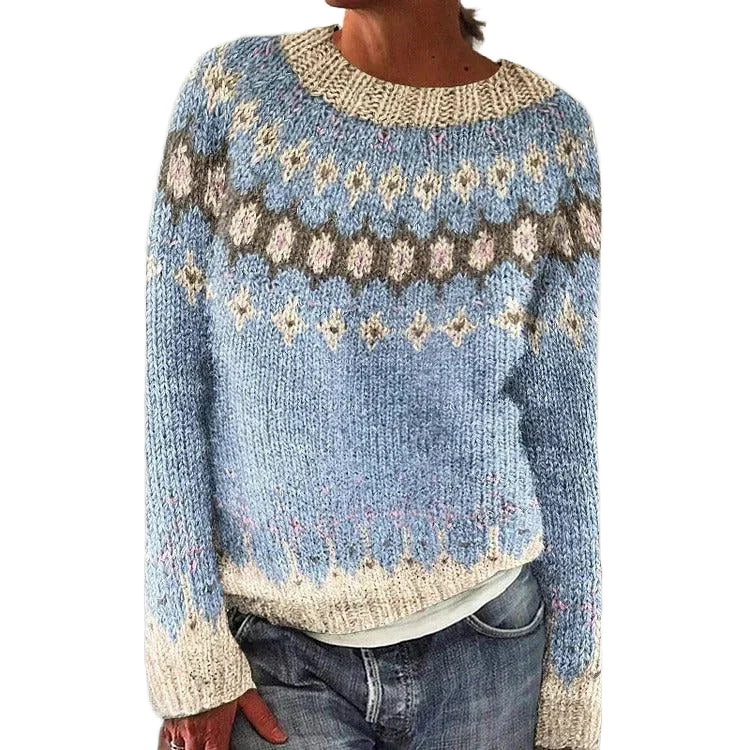 Damen Strickpullover mit Rundhalsausschnitt, Norwegermuster, aus weichem Baumwollmix, ideal für kühle Tage.