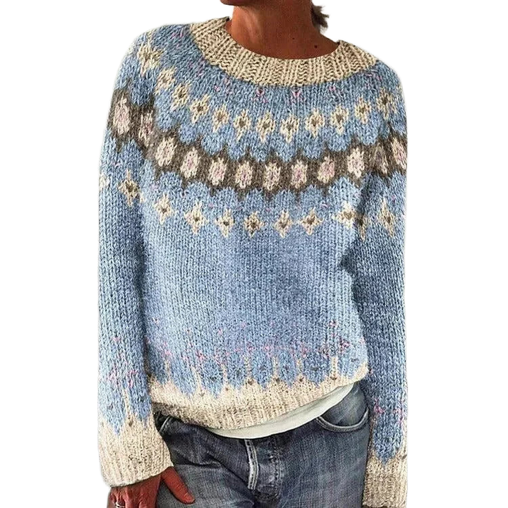 Damen Strickpullover mit Rundhalsausschnitt, Norwegermuster, aus weichem Baumwollmix, ideal für kühle Tage.