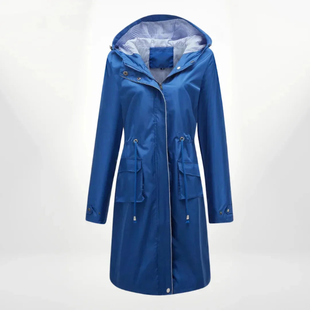 Blauer Damen Trenchcoat mit Kapuze, aus strapazierfähigem Material, mit praktischen Taschen für Alltag und Freizeit.