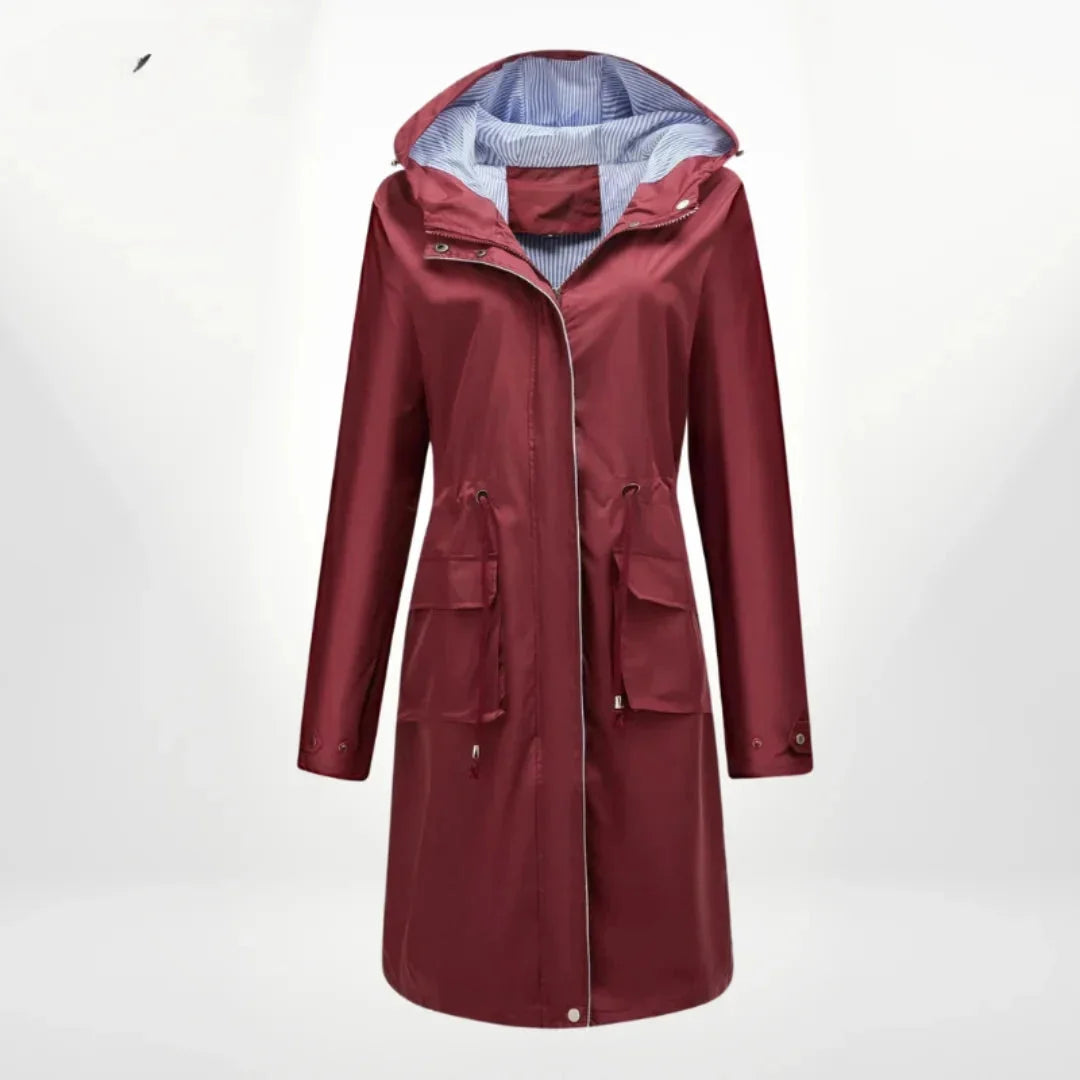 Roter Damen Trenchcoat aus leichtem Material, mit Kapuze und praktischen Taschen für vielseitige Stiloptionen.