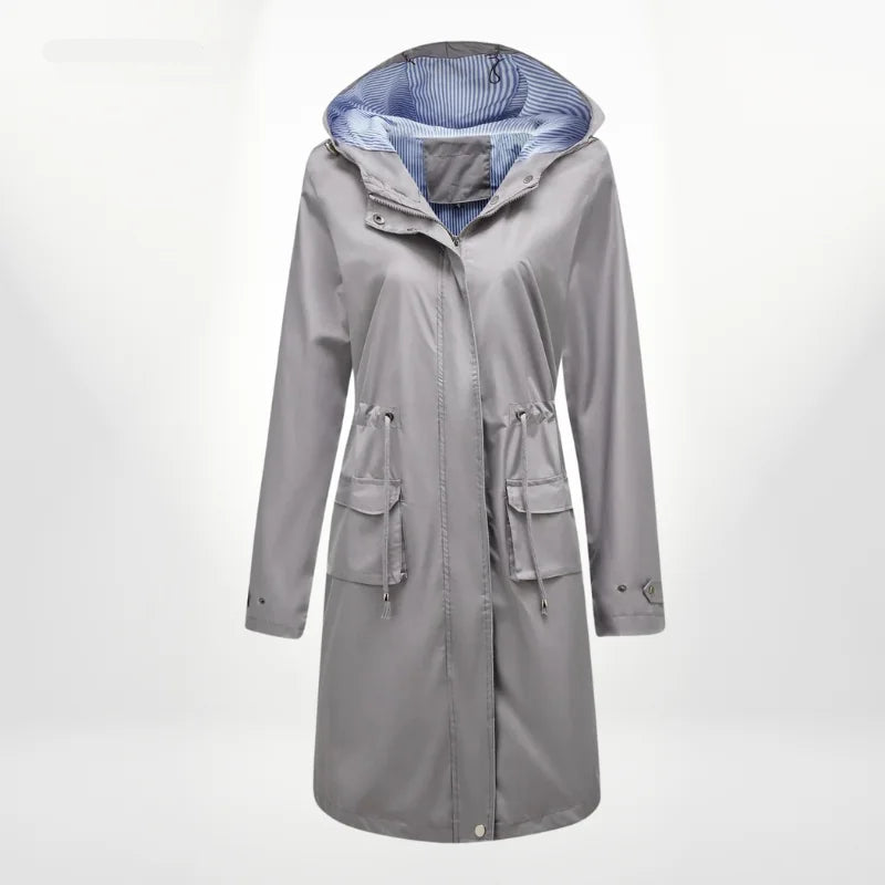 Grau Damen Trenchcoat mit Kapuze, wasserdichtem Stoff und tailliertem Schnitt für einen modernen Stil.