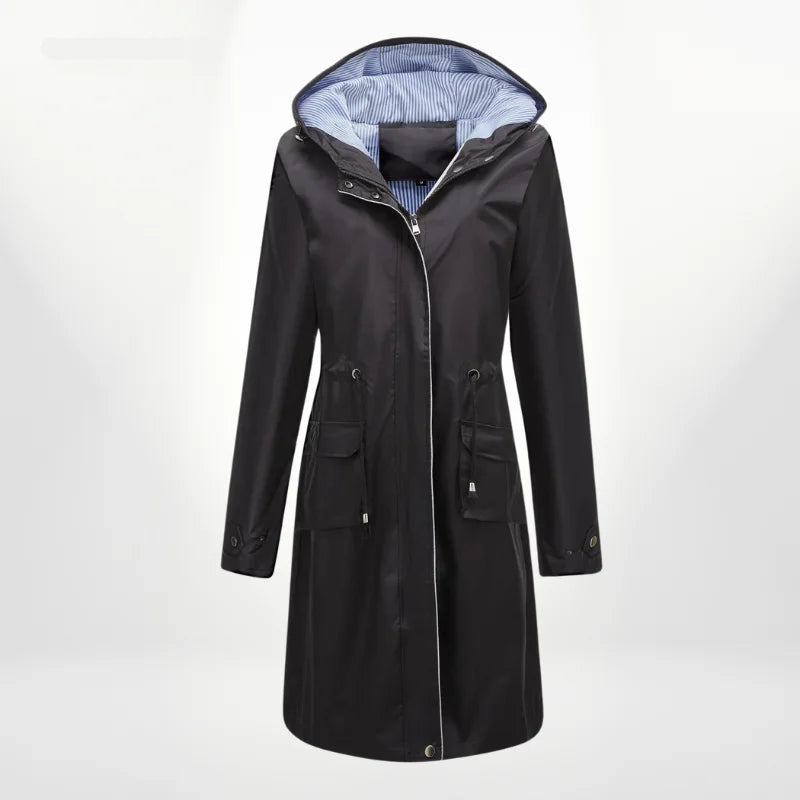 Schwarzer Damen Trenchcoat mit Kapuze aus wasserdichtem Material, ideal für unbeständiges Wetter und stylische Outfits.