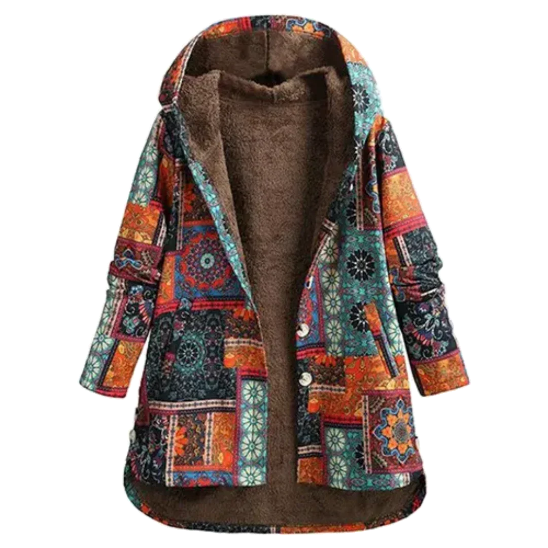 Damen Winter Fleecejacke mit Kapuze in Patchwork Optik