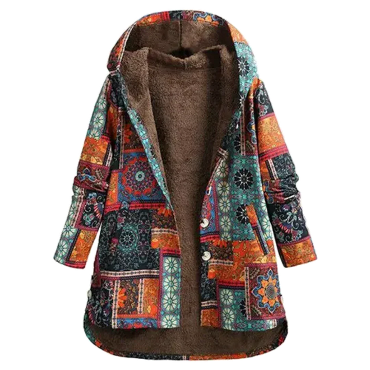 Damen Winter Fleecejacke mit Kapuze in Patchwork Optik