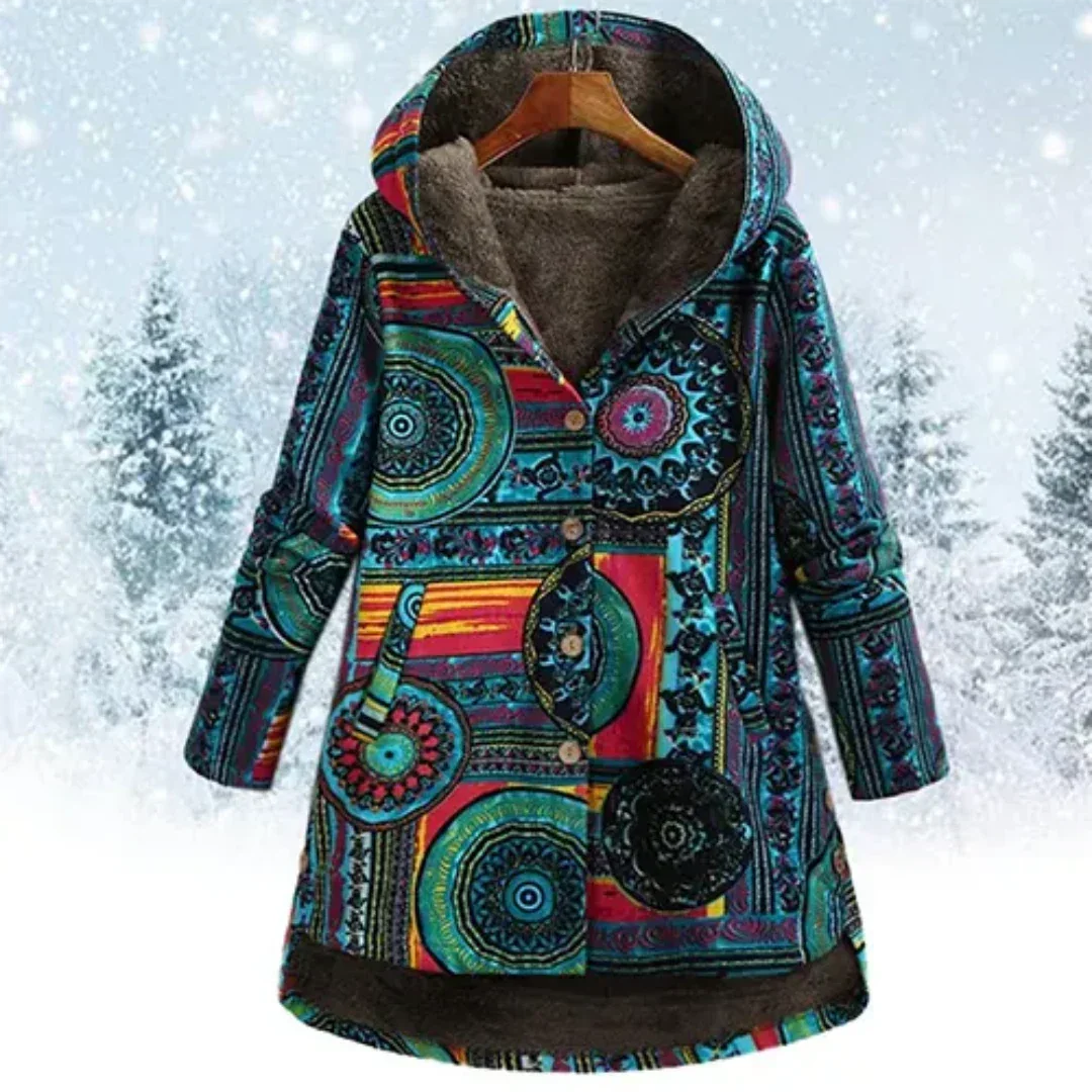 Damen Winter Fleecejacke mit Kapuze in Patchwork Optik