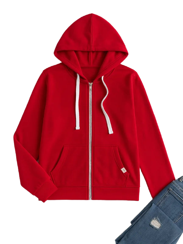 Rote Damen Kapuzenjacke mit Reißverschluss, Kordelzug und bequemen Taschen aus leichtem, atmungsaktivem Material.