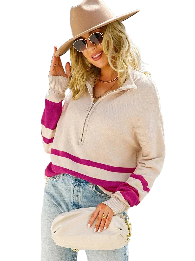 Rosa Damen Zip-Up Strickpullover mit Streifenmuster, langärmelig, aus weichem Material für angenehmen Tragekomfort.