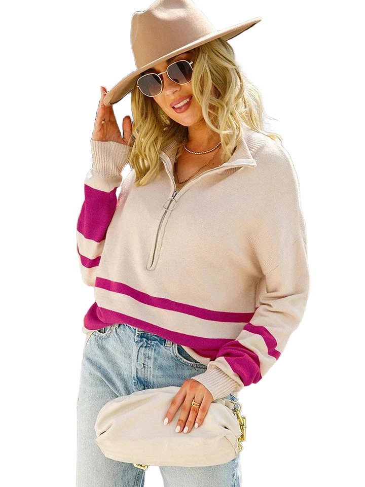 Rosa Damen Zip-Up Strickpullover mit Streifenmuster, langärmelig, aus weichem Material für angenehmen Tragekomfort.