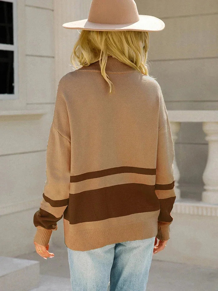 Damen langärmeliger Zip-Up Strickpullover mit Streifenmuster in weichem Material für Komfort und Stil.