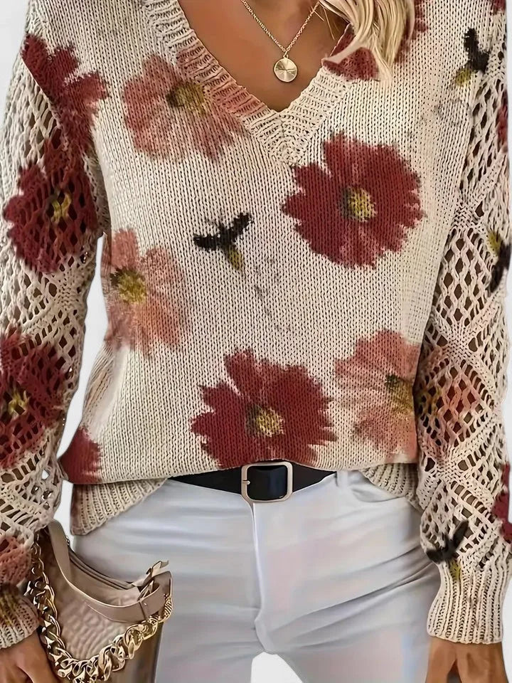 Damenpullover mit Floralmuster, V-Ausschnitt, aus weichem Baumwollmix für Komfort und stylischen Look.