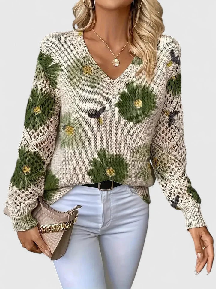 Damenpullover aus weichem Material mit Floralmuster und klassischem V-Ausschnitt für lässige Freizeitlooks.