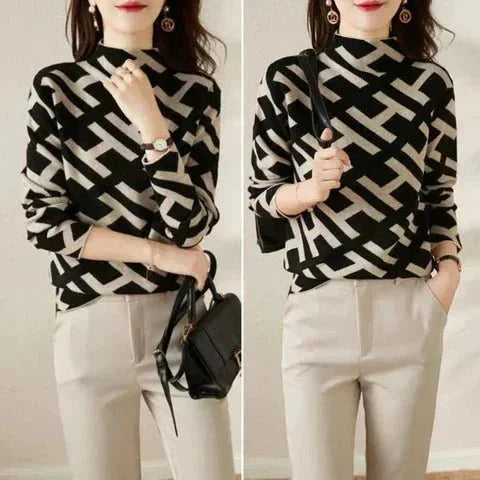 Damenpullover in Schwarz-Weiß mit geometrischem Muster aus weichem, hochwertigem Baumwollmix, ideal für den Alltag.