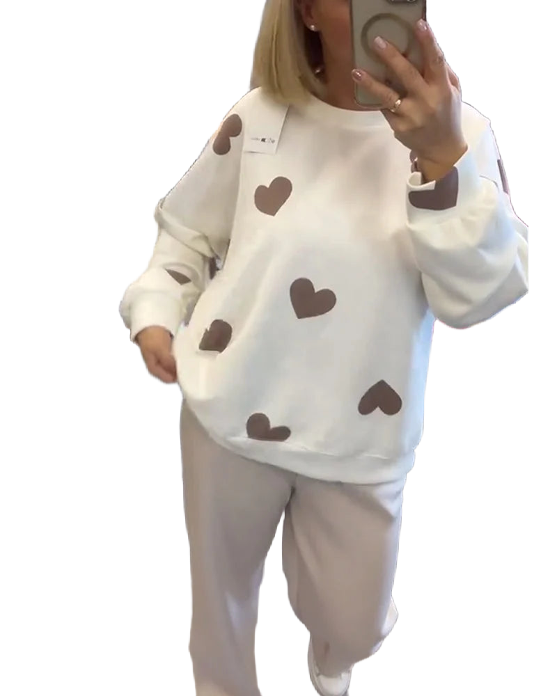 Damen Pullover in Weiß aus Baumwollmix mit Herzmuster für einen lässigen, gemütlichen Look.