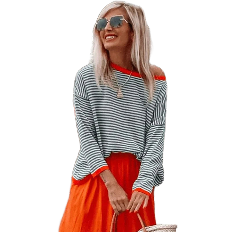 Damen Pullover mit Streifen, roten Akzenten, aus weichem Baumwollmix, rundem Ausschnitt und lässigem Schnitt.