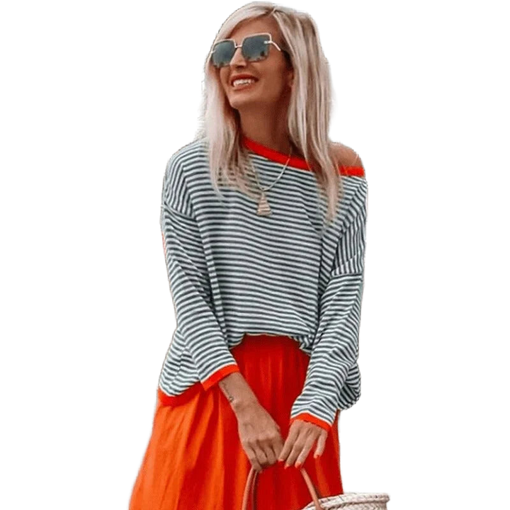 Damen Pullover mit Streifen, roten Akzenten, aus weichem Baumwollmix, rundem Ausschnitt und lässigem Schnitt.