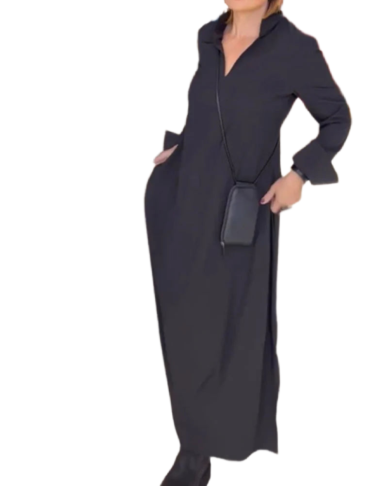 Elegantes Damen Maxikleid aus leichter Baumwolle, mit Seitenschlitz und klassischem Kragen für einen stilvollen Look.
