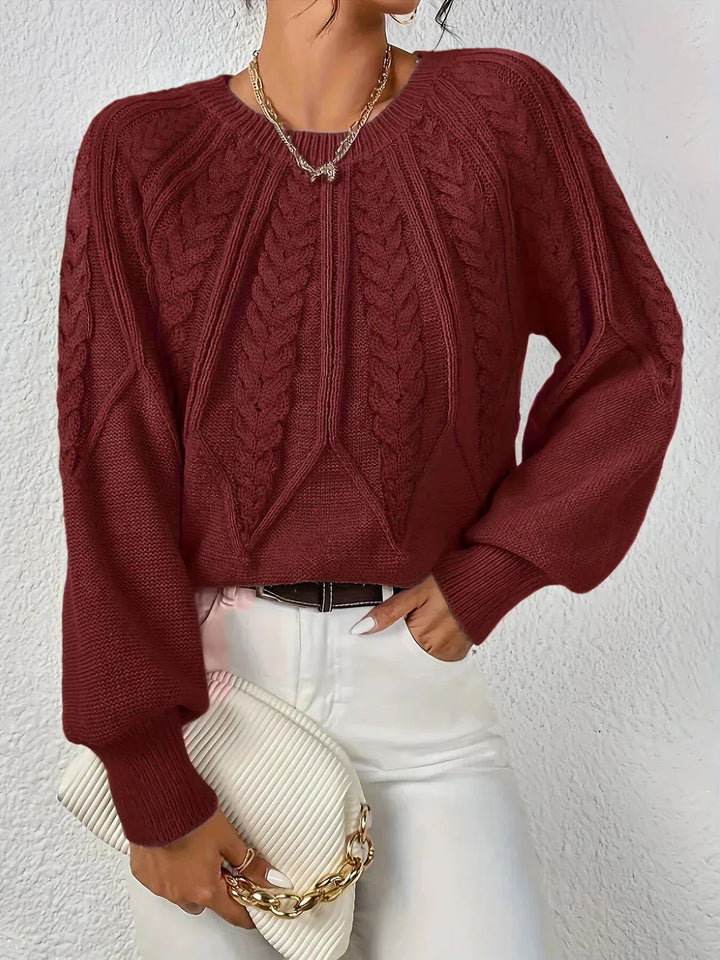 Roter Zopfstrick Pullover für Frauen, Rundhalsausschnitt, aus weicher Baumwolle mit strukturiertem Muster.
