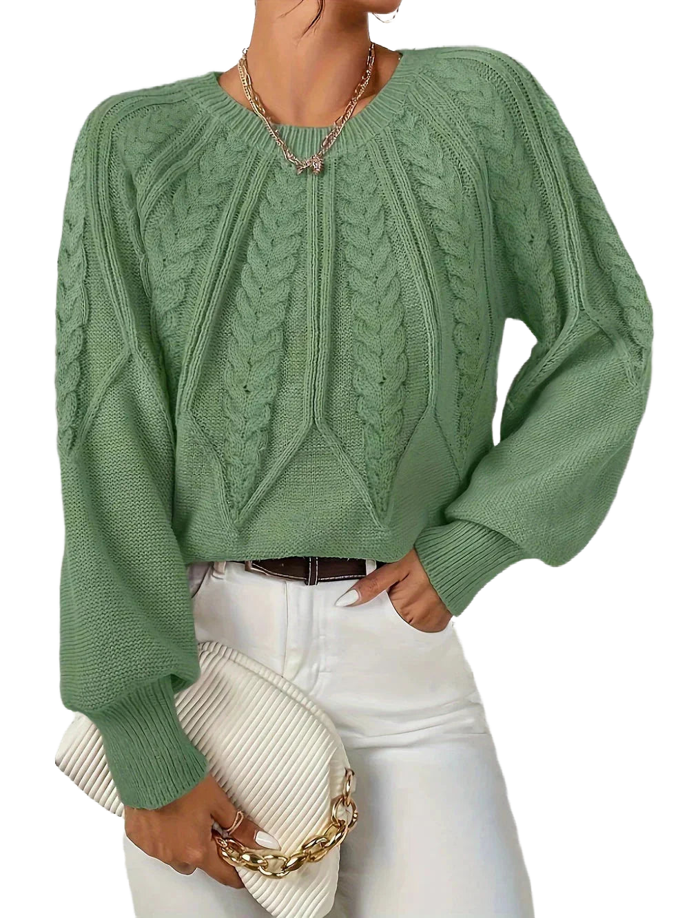 Frauen Zopfstrick Pullover mit Rundhalsausschnitt aus weicher Baumwolle, mit eleganten Zopfmuster-Details in sanften…