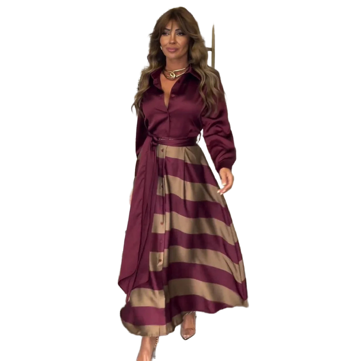 Bordeauxrotes Damen Hemdblusenkleid aus Baumwolle mit Streifenmuster und Maxi-Schnitt für bequemen Tragekomfort.