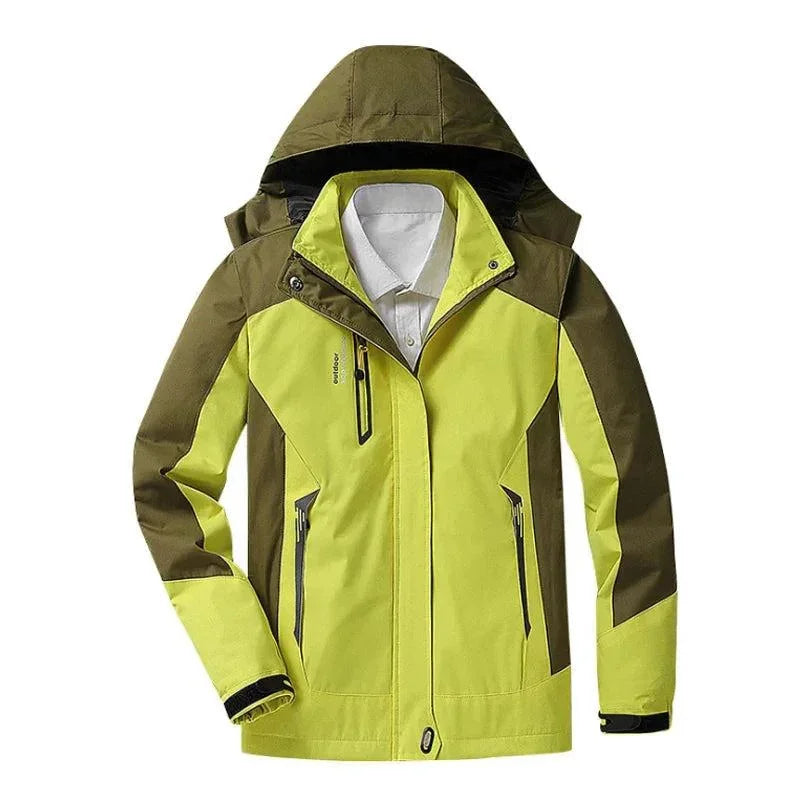 Gelbe wasserabweisende Outdoor-Jacke mit abnehmbarer Kapuze, aus leichtem, strapazierfähigem Material für vielseitigen…