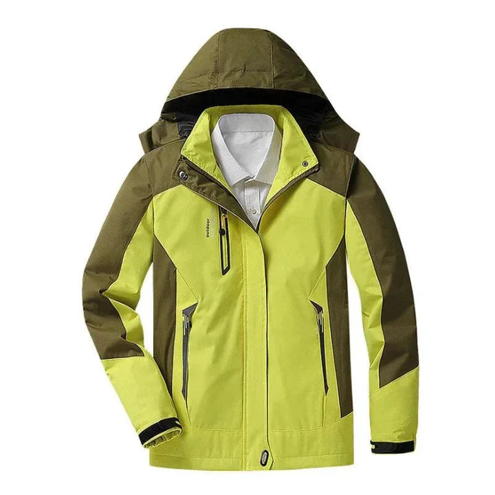 Gelbe wasserabweisende Outdoor-Jacke mit abnehmbarer Kapuze, aus leichtem, strapazierfähigem Material für vielseitigen…