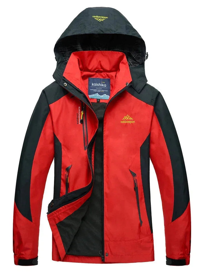 Rote wasserabweisende Outdoor-Jacke mit abnehmbarer Kapuze, strapazierfähigem Material und praktischen Taschen.
