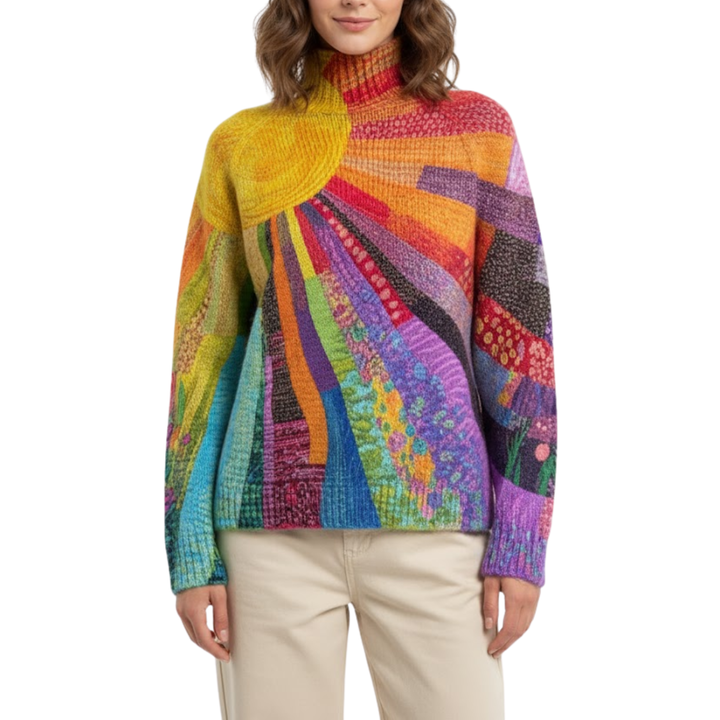 Damen Rollkragenpullover mit Buntes Sonnenmuster und Strickdesign