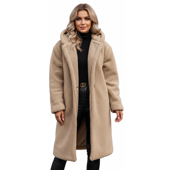 Langer Damen Wintermantel mit Kapuze und Teddyfell Optik