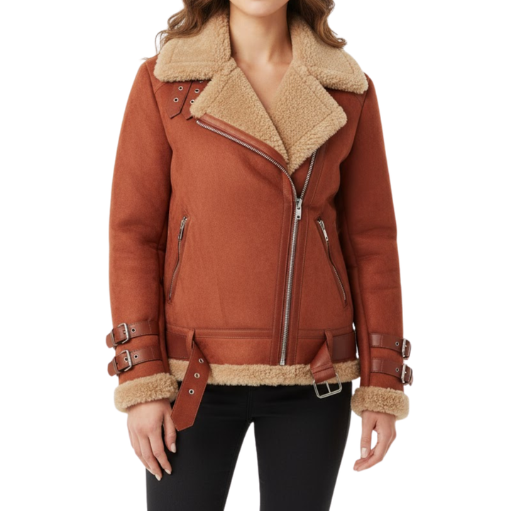 Damen Winterjacke mit Teddyfutter und Reißverschluss im Bikerstil