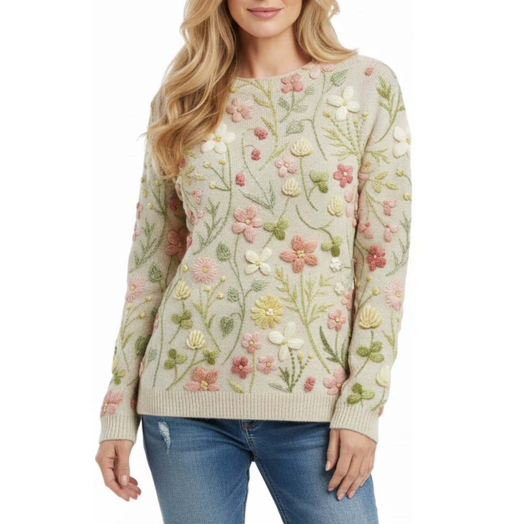 Damen Blumenpullover mit Stickerei in Beige