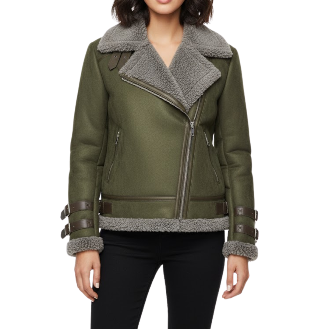 Damen Winterjacke mit Teddyfutter und Reißverschluss im Bikerstil