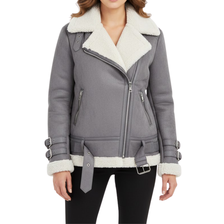 Damen Winterjacke mit Teddyfutter und Reißverschluss im Bikerstil