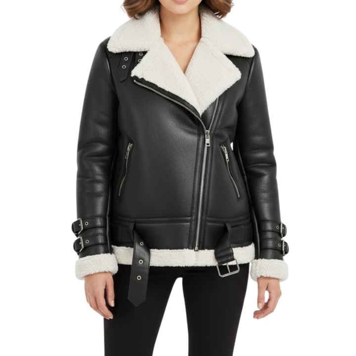 Damen Winterjacke mit Teddyfutter und Reißverschluss im Bikerstil