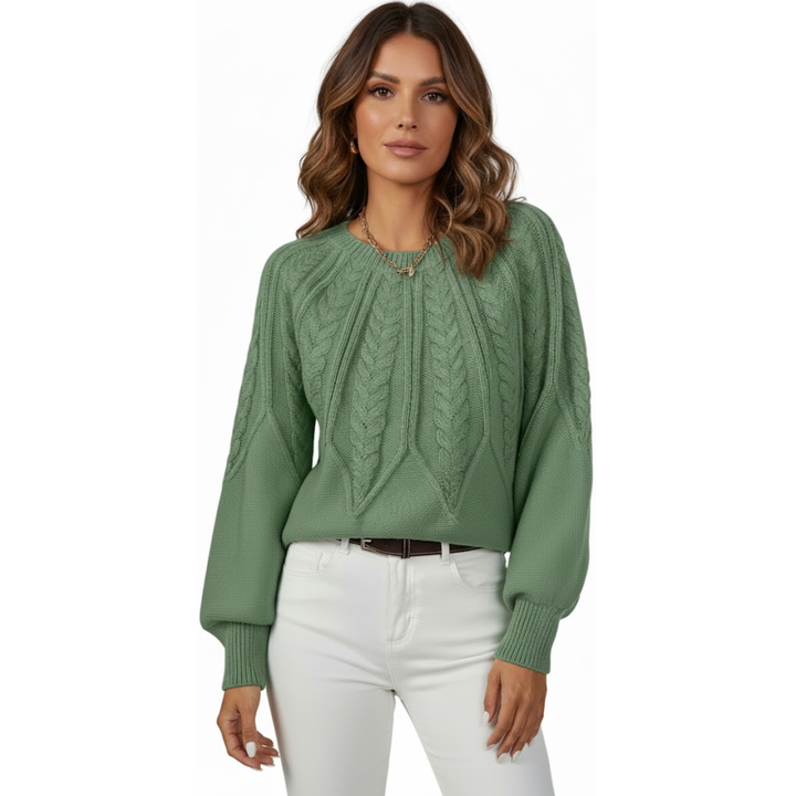 Damen Zopfstrick Pullover mit Rundhalsausschnitt