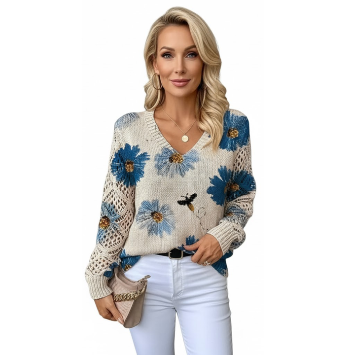Damenpullover mit Blumenmuster und Häkel-Details