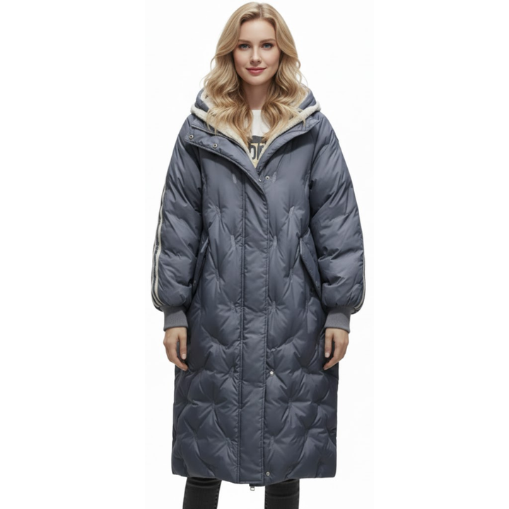 Lange Damen Winter Steppjacke mit Kapuze und Oversize Passform