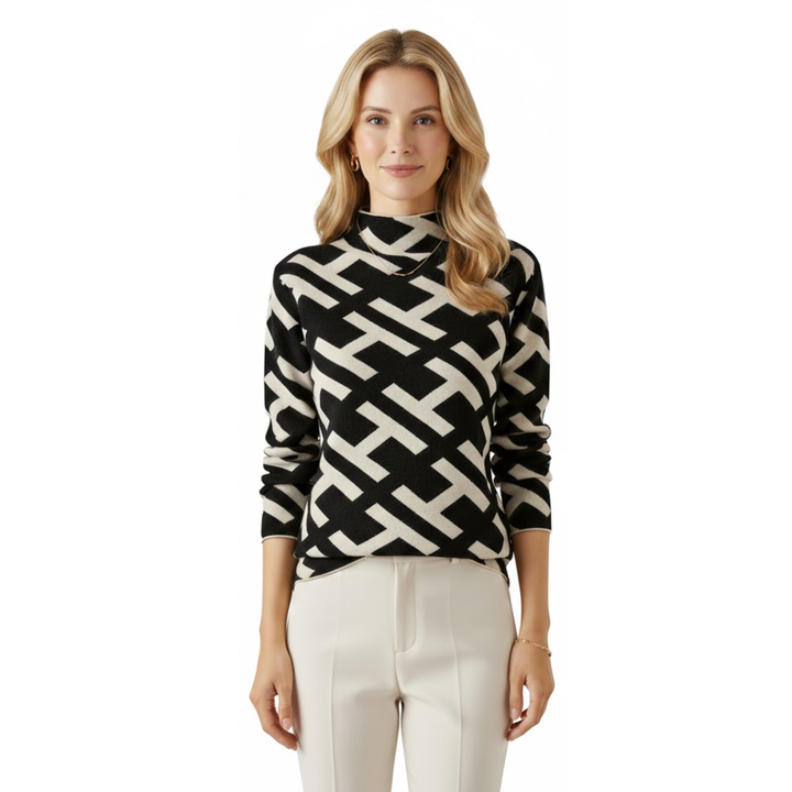 Damenpullover mit geometrischem Muster in Schwarz-Weiß