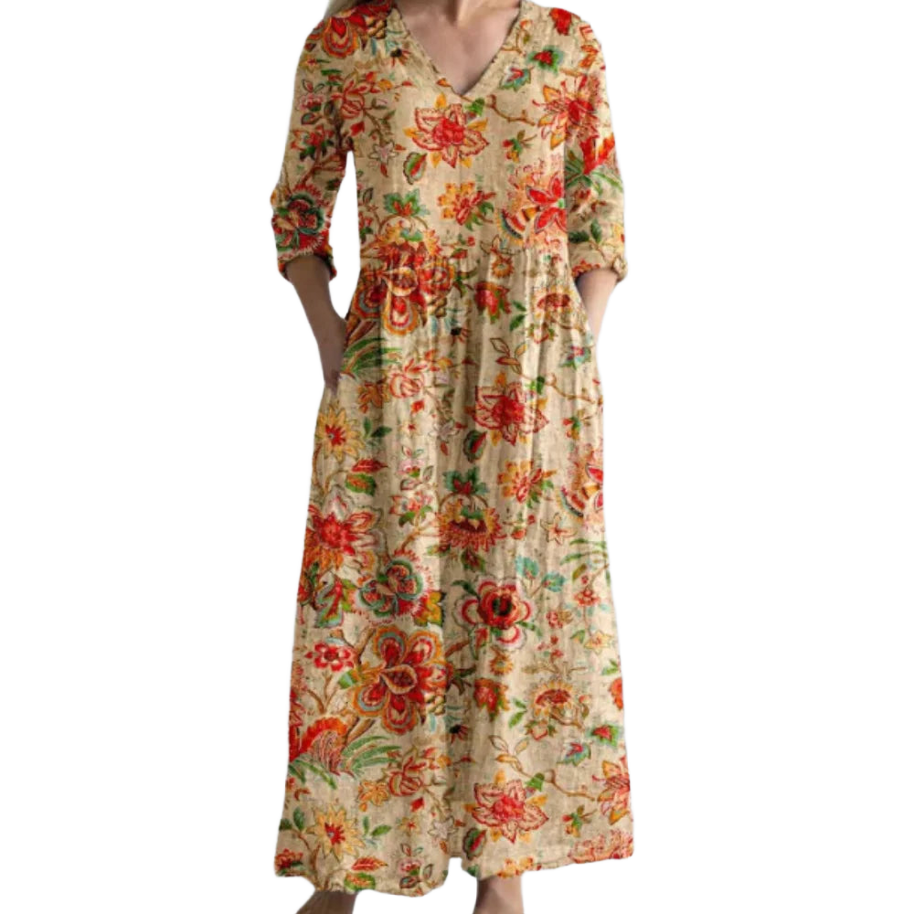 Maxikleid mit Blumenmuster in Beigetönen, luftig-leicht und perfekt für den Sommer, mit verspieltem Design für lässige Looks.