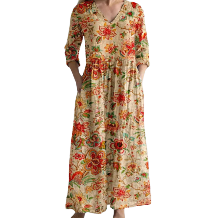 Maxikleid mit Blumenmuster in Beigetönen, luftig-leicht und perfekt für den Sommer, mit verspieltem Design für lässige Looks.